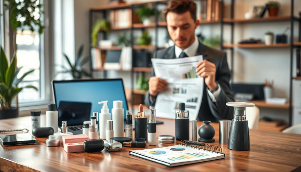 A professional setting depicting a person in business attire, focused on reviewing various products. In the foreground, a sleek wooden table holds an array of neatly arranged products: electronics, cosmetics, and kitchen gadgets, each beautifully illuminated. The middle ground features a laptop open with a document displaying product reviews, while a stylish notepad with colorful charts and graphs is placed beside it. The background shows a soft-focus office environment with shelves filled with books and plants, offering a warm, inviting atmosphere. Soft, natural lighting from a nearby window enhances the scene, creating a productive and engaging mood, ideal for illustrating the use of visual elements in product reviews.