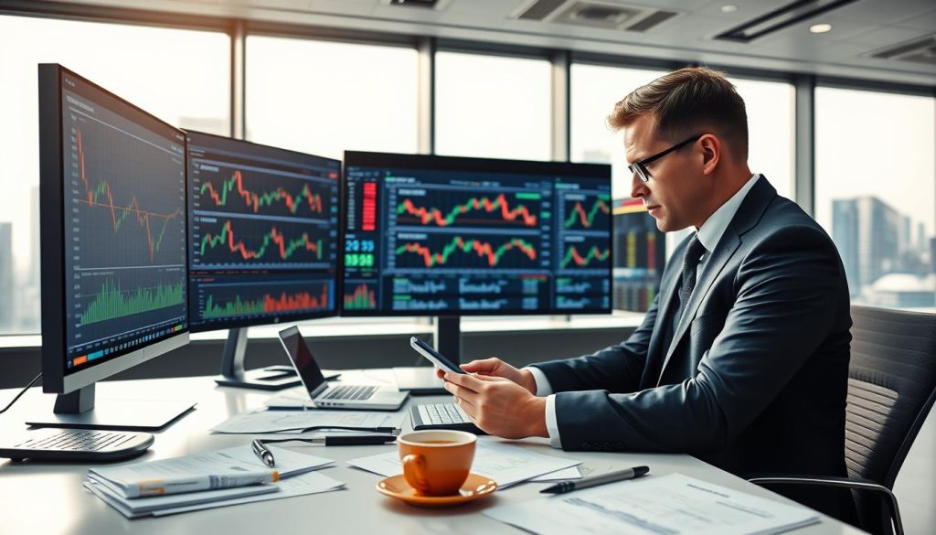 A professional setting depicting financial analysis for stock trading and investment platforms, centered around a sleek modern desk with multiple screens displaying colorful stock charts and graphs. In the foreground, an individual in a smart business suit is intently analyzing data, using a digital tablet to highlight important figures. The middle ground features a dynamic display of financial tools like a calculator, financial reports, and a cup of coffee, creating an engaging workspace atmosphere. The background showcases a large window with a city skyline view, bathed in soft natural light that enhances the focused mood of the scene. The overall atmosphere should convey professionalism, diligence, and the excitement of financial growth. A professional setting depicting financial analysis for stock trading and investment platforms, centered around a sleek modern desk with multiple screens displaying colorful stock charts and graphs. In the foreground, an individual in a smart business suit is intently analyzing data, using a digital tablet to highlight important figures. The middle ground features a dynamic display of financial tools like a calculator, financial reports, and a cup of coffee, creating an engaging workspace atmosphere. The background showcases a large window with a city skyline view, bathed in soft natural light that enhances the focused mood of the scene. The overall atmosphere should convey professionalism, diligence, and the excitement of financial growth.