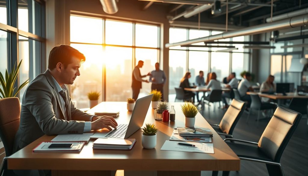 A professional workspace designed for a web hosting reseller business. In the foreground, a well-dressed individual in business attire is engaging with a laptop, showcasing enthusiasm. On the desk, various tools like a smartphone, notepad, and branding materials related to web hosting are arranged neatly. In the middle ground, a large window reveals a modern cityscape bathed in warm afternoon light, creating an inviting atmosphere. Subtle plants and decorative items add a touch of greenery to the environment. The background features a lively coworking space with diverse professionals discussing strategies, emphasizing collaboration and customer attraction. The scene is well-lit, emphasizing professionalism and approachability, captured from a slight angle to give depth.