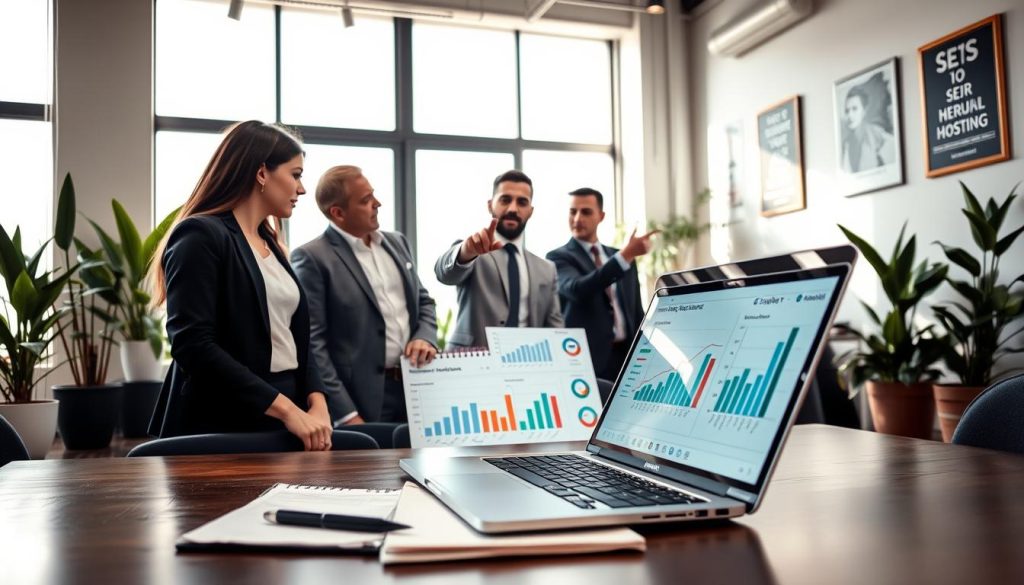 A professional workspace showcasing the concept of "reseller hosting". In the foreground, there is a sleek laptop with graphs and analytics on the screen, symbolizing SEO performance. Next to it, a notebook with a pen, neatly arranged as if a strategy is in progress. In the middle ground, a diverse group of three individuals dressed in smart business attire (a woman in a blazer, a man in a dress shirt, and another person in a smart casual outfit) are engaged in a discussion, pointing at the laptop screen, reflecting teamwork and collaboration. The background features a modern office setting with soft natural light streaming in through large windows, plants in the corners, and motivational posters on the walls. The atmosphere is focused and inspiring, highlighting the importance of SEO in the reseller hosting business.