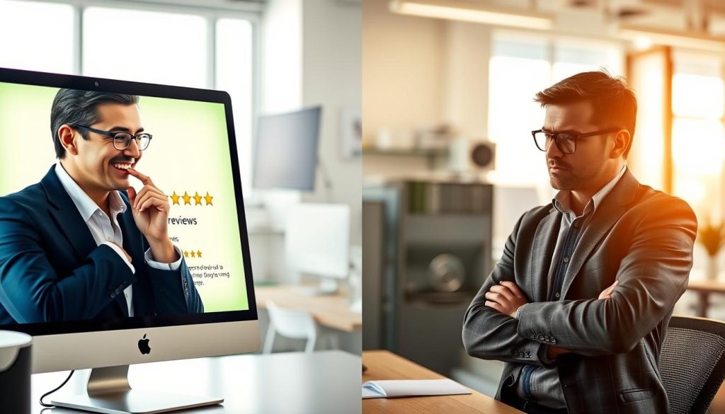 A split-screen image illustrating positive and negative product reviews. In the foreground, on the left side, display a glowing computer screen with a bright, inviting interface showcasing a five-star review, with a smiling professional wearing business attire, thoughtfully reading the feedback. On the right side, show a slightly dimmer screen with a three-star review, featuring a concerned individual in smart casual clothing, analyzing the constructive critique received. In the middle ground, a subtle overlay of product images, including gadgets and appliances, indicates the variety of products being reviewed. The background is a blurred office space, with natural light streaming through the window, creating an uplifting yet contemplative atmosphere. Overall mood should be engaging and insightful, focusing on the impact of feedback on conversion rates.