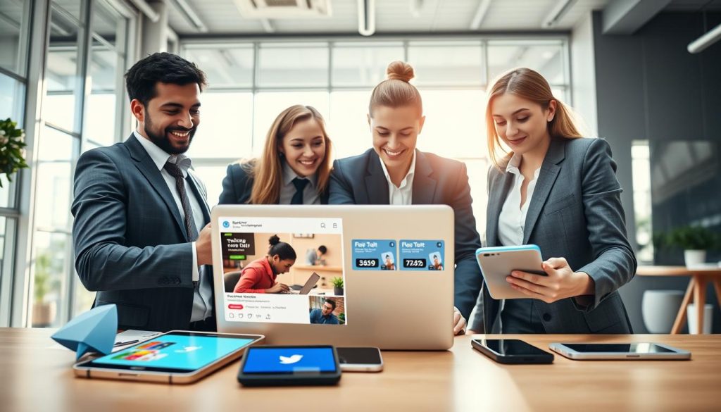 A vibrant, professional scene illustrating the concept of "quick sales generation." In the foreground, a diverse group of three business professionals, two males and one female, dressed in smart business attire, gathered around a laptop with engaging social media posts displayed, showcasing eye-catching graphics and sales figures. In the middle ground, various digital devices like smartphones and tablets are visible, emphasizing the integration of tools for marketing on Telegram and Twitter (X). The background features a bright, modern office space with large windows allowing natural light to flood in, creating an energetic atmosphere. The overall mood is dynamic and collaborative, highlighting the importance of creating captivating content for effective online sales strategies.