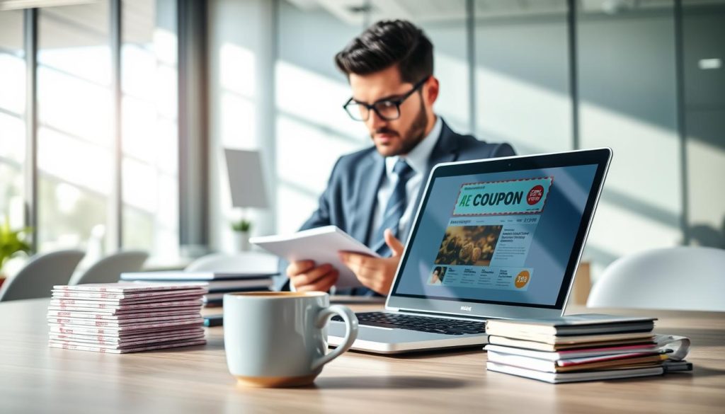A vibrant, professional setting featuring a well-organized desk. In the foreground, a cup of coffee sits beside a laptop displaying an attractive digital coupon on the screen. To the left, a neatly arranged stack of colorful coupons with various discounts and offers is visible. In the middle, a thoughtful marketer, dressed in smart business attire, looks intently at the laptop, taking notes on a notepad. The background features a modern office space with soft, natural light streaming through large windows, casting gentle shadows. The overall atmosphere is focused and productive, highlighting the theme of enhancing profitability through effective coupon usage.