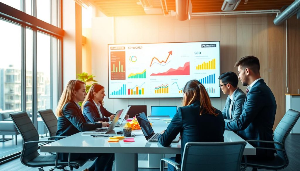 A visually engaging workspace focusing on "Search Engine Optimization" strategies. In the foreground, a diverse group of professionals dressed in smart business attire are collaborating around a sleek table, laptops open, analyzing graphs and digital marketing data. The middle ground features a large screen displaying colorful analytics dashboards and SEO keywords with upward trends, surrounded by vibrant sticky notes. The background includes a modern office environment with large windows allowing natural light to flood in, creating a bright and energetic atmosphere. The scene captures a mix of concentration and teamwork. The lighting is warm and inviting, with a shallow depth of field to emphasize the foreground subjects and their dynamic interactions. A visually engaging workspace focusing on "Search Engine Optimization" strategies. In the foreground, a diverse group of professionals dressed in smart business attire are collaborating around a sleek table, laptops open, analyzing graphs and digital marketing data. The middle ground features a large screen displaying colorful analytics dashboards and SEO keywords with upward trends, surrounded by vibrant sticky notes. The background includes a modern office environment with large windows allowing natural light to flood in, creating a bright and energetic atmosphere. The scene captures a mix of concentration and teamwork. The lighting is warm and inviting, with a shallow depth of field to emphasize the foreground subjects and their dynamic interactions.
