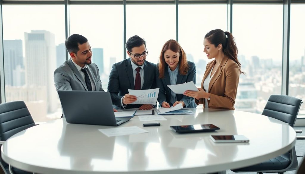A business meeting set in a modern conference room. In the foreground, a diverse group of three professionals in business attire—two men and one woman—are engaged in a discussion, analyzing charts and graphs on a laptop. Their expressions reflect focus and collaboration. In the middle ground, a sleek oval table is surrounded by contemporary chairs, with documents and a digital tablet scattered about, emphasizing a strategic planning atmosphere. The background features a large window overlooking a city skyline, with natural light flooding the room, creating a bright and optimistic mood. The camera angle is slightly elevated, capturing the intensity of their conversation and the essence of understanding target companies.