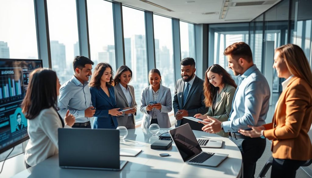 A dynamic and modern office environment showcasing a diverse team of professionals collaborating on artificial intelligence services. In the foreground, a diverse group of individuals (including Asian, Black, and Caucasian people) wearing professional business attire are engaged in a brainstorming session, surrounded by digital screens displaying AI-related data and applications. In the middle, a sleek workspace with laptops, tablets, and smart devices showcases various innovative AI tools being developed. The background features a panoramic city view through large glass windows, with soft natural lighting creating a bright and optimistic atmosphere. Use a wide-angle lens to capture the collaborative spirit and technological innovation with a sense of movement and energy. The scene should evoke professionalism, creativity, and a future-oriented approach.