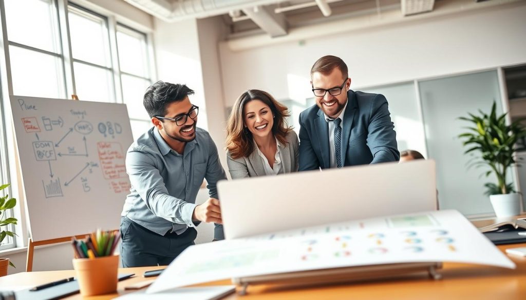 A dynamic workspace scene depicting successful web tool creators. In the foreground, a diverse group of three professionals (two men and one woman) are collaborating around a laptop, showcasing their web application. They are dressed in professional business attire, engaged in an animated discussion, with expressions of excitement and focus. In the middle ground, a large whiteboard filled with colorful sketches and flowcharts represents the brainstorming process. The background features a bright, modern office, with large windows letting in natural light, casting soft shadows. The atmosphere is vibrant and energetic, highlighting innovation and teamwork. Use a wide-angle lens effect to capture the teamwork dynamic and create a sense of depth in the space. The lighting should be bright yet warm, evoking a feeling of creativity and productivity.