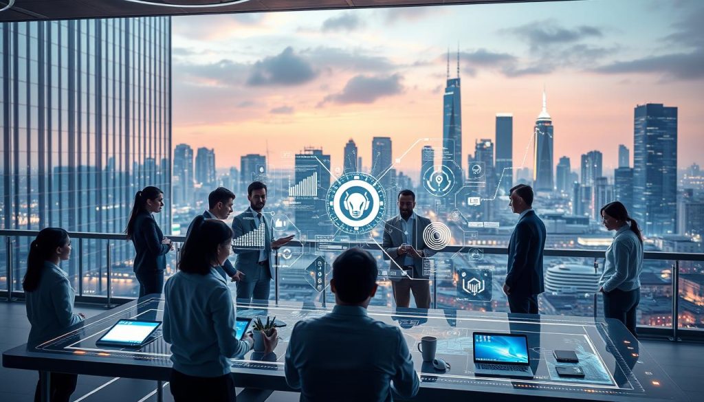 A futuristic web development scene showcasing innovations in artificial intelligence applications. In the foreground, a diverse group of professionals, dressed in business attire, collaborate around a digital interface displaying AI-driven web tools and applications. The middle section features holographic displays of data analytics, machine learning algorithms, and a sleek, modern workspace filled with glowing screens and tech gadgets. In the background, an urban skyline with modern architecture symbolizes technological advancement and the future of industry. Soft, ambient lighting enhances the atmosphere, with a sense of excitement and creativity in the air. The scene captures the essence of progress and innovation, reflecting the mood of exploration and potential in the field of AI-driven web services.