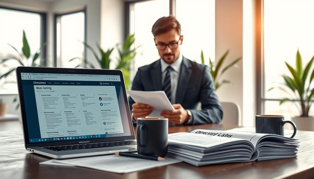 A modern and professional workspace depicting best practices for directory websites and copyright laws. In the foreground, a sleek laptop open to a website showcasing directory listings, surrounded by legal documents and a coffee cup. The middle features a knowledgeable business professional in formal attire, engaged in reviewing the documents, with a thoughtful expression. The background displays a contemporary office with large windows, allowing soft natural light to fill the space, while green plants add a touch of tranquility. The mood is focused and informative, emphasizing the importance of legal compliance in online directories, with a clean, organized aesthetic that conveys professionalism and diligence. A modern and professional workspace depicting best practices for directory websites and copyright laws. In the foreground, a sleek laptop open to a website showcasing directory listings, surrounded by legal documents and a coffee cup. The middle features a knowledgeable business professional in formal attire, engaged in reviewing the documents, with a thoughtful expression. The background displays a contemporary office with large windows, allowing soft natural light to fill the space, while green plants add a touch of tranquility. The mood is focused and informative, emphasizing the importance of legal compliance in online directories, with a clean, organized aesthetic that conveys professionalism and diligence.