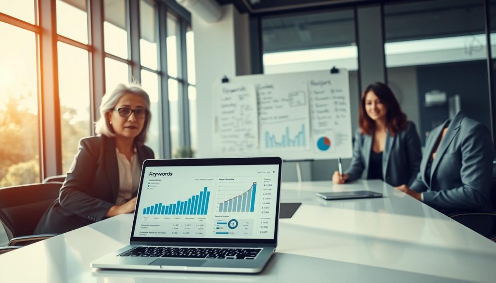A modern business office setting with a professional atmosphere, featuring a diverse group of individuals, including a middle-aged Asian woman, a young Black man, and a Caucasian woman in business attire, gathered around a sleek conference table. The foreground shows a laptop displaying charts and graphs illustrating dollar profits and keyword strategies. In the middle, a whiteboard covered with notes and analytics forms a backdrop. The background highlights large windows allowing natural light to flood the room, creating an inviting ambiance. The scene captures a collaborative working environment, reflecting focus and determination. Soft, warm lighting enhances the overall mood, emphasizing the importance of measuring keyword strategy success in foreign markets. The angle is slightly elevated, focusing on the teamwork and discussions taking place.