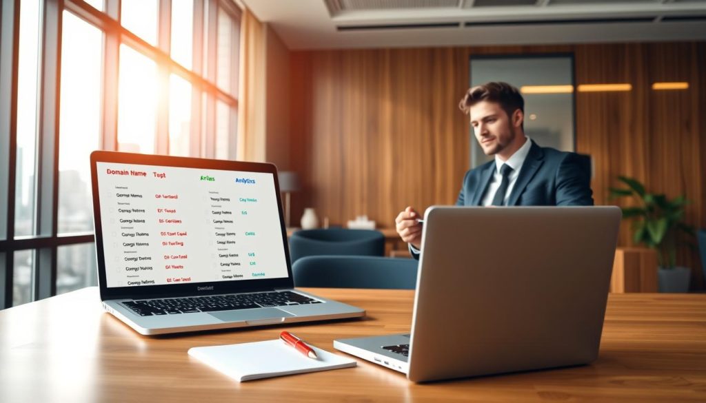 A modern office space filled with vibrant energy, featuring a professional digital marketer, dressed in business attire, analyzing domain names on a sleek laptop. In the foreground, a display of various domain name suggestions appears on the screen, with bold colors highlighting strong keywords. The middle ground shows a beautiful wooden desk with a notepad and pen, alongside an open laptop showcasing website analytics. In the background, large windows let in soft, natural light that creates a bright and inviting atmosphere, complemented by a city skyline view. The overall mood conveys focus and inspiration, embodying the essence of selecting the ideal domain name for affiliate marketing. The image is designed to engage and inform, avoiding any text or graphic overlays.
