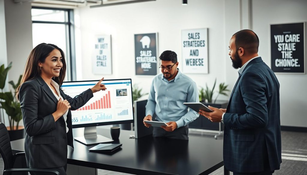 A modern office space focusing on e-commerce strategies, featuring a diverse group of three professionals engaged in a discussion around a computer displaying website analytics. In the foreground, a woman in business attire points at growth graphs, exuding enthusiasm. In the middle ground, a man sits at the desk taking notes, while another person stands by, analyzing trends shown on a tablet. The background showcases a sleek office environment with motivational posters subtly hinting at sales strategies and teamwork. Soft, natural light filters through large windows, creating an inviting atmosphere. The overall mood is focused and collaborative, capturing the essence of innovative sales techniques through websites. A modern office space focusing on e-commerce strategies, featuring a diverse group of three professionals engaged in a discussion around a computer displaying website analytics. In the foreground, a woman in business attire points at growth graphs, exuding enthusiasm. In the middle ground, a man sits at the desk taking notes, while another person stands by, analyzing trends shown on a tablet. The background showcases a sleek office environment with motivational posters subtly hinting at sales strategies and teamwork. Soft, natural light filters through large windows, creating an inviting atmosphere. The overall mood is focused and collaborative, capturing the essence of innovative sales techniques through websites.