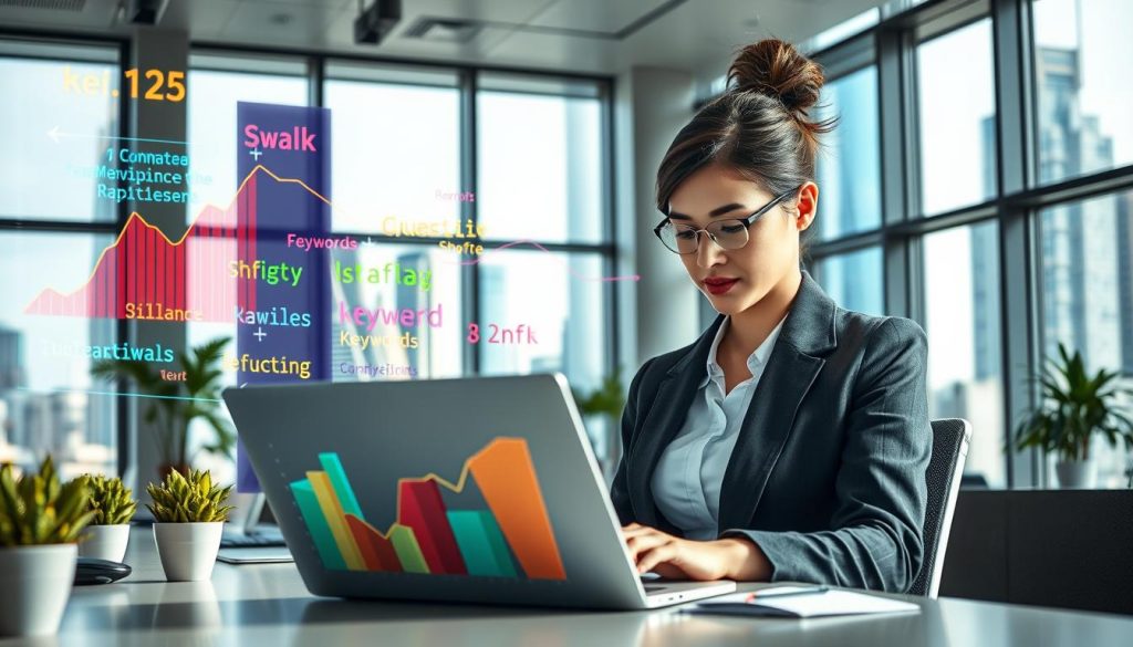 A modern office workspace filled with dynamic elements that illustrate the concept of continuous keyword updates. In the foreground, a professional woman in smart business attire, intently analyzing data on a laptop, while colorful graphs and charts emerge from the screen, floating around her, depicting trends in keyword performance. In the middle ground, a large digital display shows shifting keywords in vibrant colors, representing the evolving nature of market demands. The background features tall windows revealing a bustling cityscape, symbolizing the global competition. Soft, natural lighting filters in, creating a focused yet lively atmosphere. The overall mood conveys urgency and innovation, emphasizing the importance of staying updated with competitive keywords for international markets.