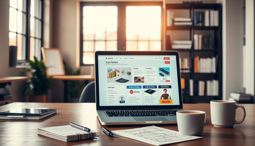 A modern office workspace showcasing the process of building a comparison website. In the foreground, a professional-looking laptop displays a well-organized website layout with pricing tables and visuals of various services. Nearby, a notepad with sketches and notes, along with a cup of coffee, enhances the creative atmosphere. The middle ground features a large window with soft, natural lighting, illuminating the space. In the background, a bookshelf filled with business and tech literature adds depth to the scene. The mood is focused and innovative, highlighting the steps involved in creating a successful comparison site. Capture this with a warm, inviting color palette and a slightly angled perspective to emphasize the workspace. A modern office workspace showcasing the process of building a comparison website. In the foreground, a professional-looking laptop displays a well-organized website layout with pricing tables and visuals of various services. Nearby, a notepad with sketches and notes, along with a cup of coffee, enhances the creative atmosphere. The middle ground features a large window with soft, natural lighting, illuminating the space. In the background, a bookshelf filled with business and tech literature adds depth to the scene. The mood is focused and innovative, highlighting the steps involved in creating a successful comparison site. Capture this with a warm, inviting color palette and a slightly angled perspective to emphasize the workspace.