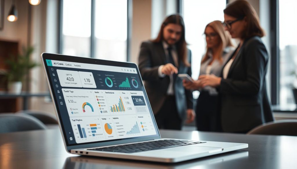 A modern, sleek web application interface showcasing successful AI-driven web tools. In the foreground, display a laptop screen with an intuitive dashboard filled with data analytics, charts, and AI-generated insights. In the middle ground, feature a diverse group of professionals in smart business attire, collaborating and discussing ideas, with one individual pointing at the screen. In the background, depict a stylish office environment with large windows letting in natural light, creating a bright and innovative atmosphere. Use a shallow depth of field to focus on the laptop while gently blurring the background. The mood is dynamic and inspiring, conveying the cutting-edge nature of AI technology in web applications.