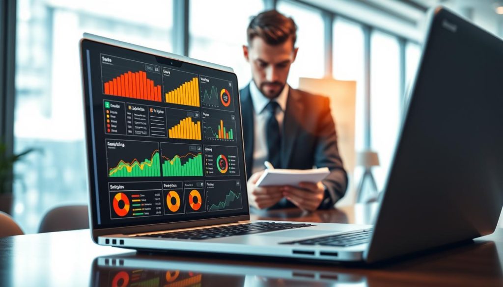A professional digital workspace with a modern, interactive interface displaying SEO analytics and engaging content strategies. Foreground features a laptop displaying colorful graphs and visuals representing SEO metrics, surrounded by interactive elements such as clickable options and animated infographics. In the middle, a focused business professional in smart casual attire contemplates the screen, jotting down notes on a notepad, embodying a sense of productivity and engagement. The background showcases a bright office setting with soft, natural lighting coming from large windows, giving an airy and inspiring feeling. The mood is collaborative and innovative, highlighting the powerful role of interactive content in SEO improvement. The overall scene is visually appealing, designed to attract attention and communicate the synergy between SEO and engaging content.