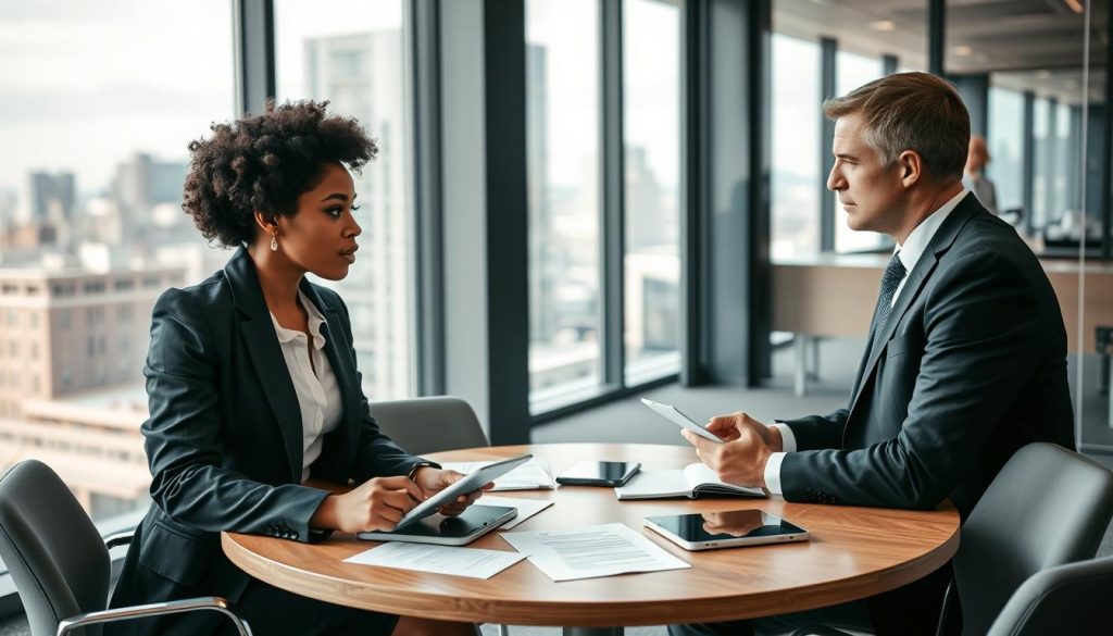A professional negotiation scene depicting two business people in a modern conference room, engaging in a constructive dialogue about overcoming objections. In the foreground, a diverse woman in a smart business suit confidently presents her ideas, while a man in a tailored suit attentively listens and takes notes. The middle ground features a large round table with digital devices and documents spread out, symbolizing collaboration. The background shows large windows with a cityscape view, allowing natural light to flood the room, creating a bright and focused atmosphere. The mood conveys professionalism, openness, and determination, capturing the essence of effectively handling objections in negotiations.