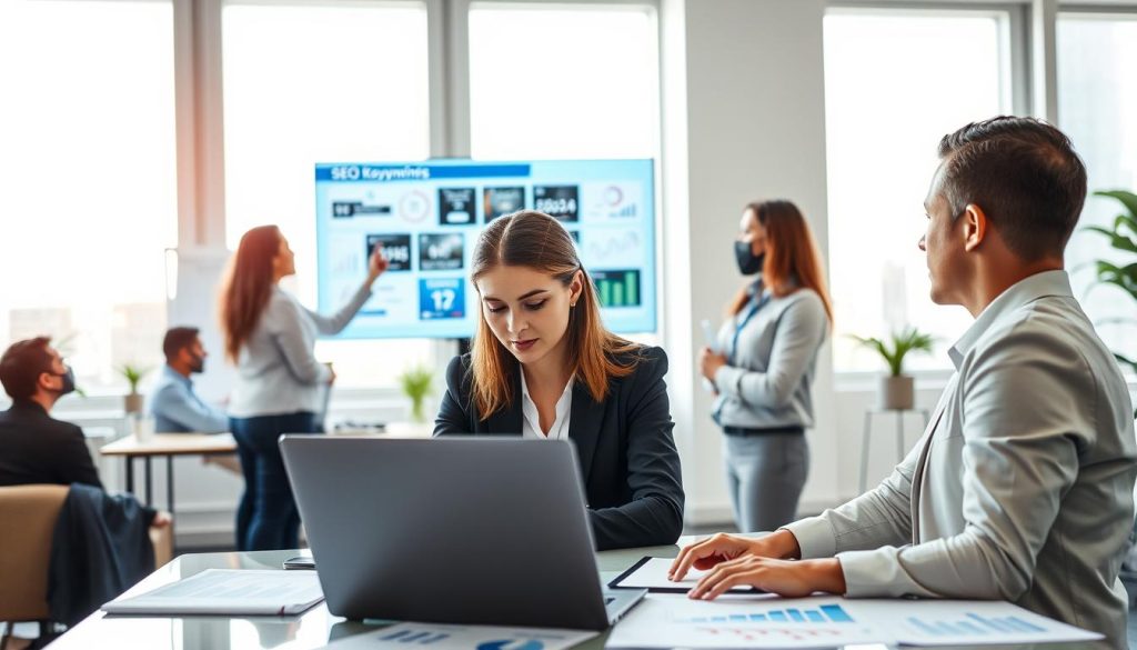 A professional office environment showcasing a diverse team of businesspeople collaborating on a marketing strategy focused on improving search engine rankings. In the foreground, a focused woman in professional attire analyzes data on a laptop, surrounded by charts and graphs on a table, symbolizing SEO metrics. The middle ground features a man presenting ideas on a digital screen, with images of website analytics and keywords visible. In the background, large windows allow natural light to illuminate the room, creating a bright and optimistic atmosphere. The overall mood is one of productivity and teamwork, emphasizing innovation and problem-solving in overcoming potential challenges in digital marketing campaigns.