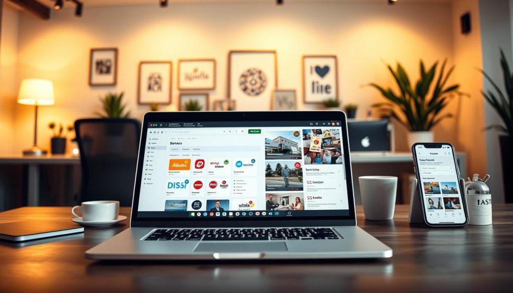 A professional website design for a directory, showcasing a user-friendly interface. In the foreground, display a sleek laptop with an open webpage showcasing categories like "Business", "Services", and "Events", featuring colorful icons and an appealing layout. In the middle, add elements such as a modern desk with office supplies, a smartphone displaying the same site, and a coffee cup for a cozy atmosphere. The background can include a softly lit office space with motivational decor and plants, emphasizing a productive environment. Use warm, inviting lighting to create a friendly and professional mood. The angle should be slightly elevated, allowing a clear view of the laptop screen while maintaining focus on the entire scene. A professional website design for a directory, showcasing a user-friendly interface. In the foreground, display a sleek laptop with an open webpage showcasing categories like "Business", "Services", and "Events", featuring colorful icons and an appealing layout. In the middle, add elements such as a modern desk with office supplies, a smartphone displaying the same site, and a coffee cup for a cozy atmosphere. The background can include a softly lit office space with motivational decor and plants, emphasizing a productive environment. Use warm, inviting lighting to create a friendly and professional mood. The angle should be slightly elevated, allowing a clear view of the laptop screen while maintaining focus on the entire scene.