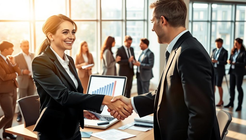 A successful negotiation scenario illustrated in a modern office environment. In the foreground, a confident woman in professional business attire shakes hands with a man, both smiling, signifying a successful agreement. They are surrounded by paperwork and a laptop displaying a graph of growth, symbolizing victory in negotiation. In the middle ground, a diverse group of professionals, also dressed in business attire, are engaged in discussions and sharing ideas, reflecting collaboration and teamwork. In the background, large windows allow natural light to stream in, creating a warm and inviting atmosphere. Use soft lighting to highlight the smiles and expressions of success. Capture the scene from a slightly elevated angle, focusing on the handshake while showcasing the collaborative environment.