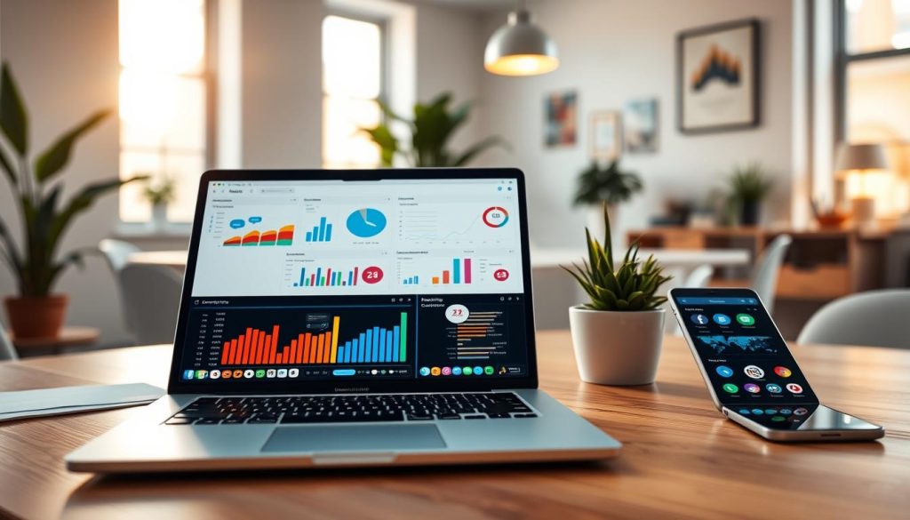 A vibrant digital workspace showcasing various digital marketing tools. In the foreground, there is a sleek laptop displaying analytics dashboards, surrounded by colorful icons of social media platforms and data graphs. The middle ground features a modern desk with a tablet and smartphone, each showcasing marketing apps, and a potted plant for a touch of nature. The background is filled with a blurred view of a minimalist office, illuminated by warm, natural light coming from a window, creating a cozy atmosphere. The angle should be slightly elevated to capture the organized setup. The mood is focused and innovative, reflecting the efficiency of digital marketing in a professional environment.