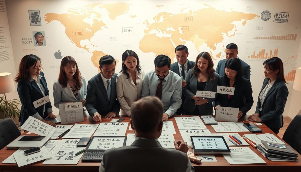 A visually engaging composition illustrating the concept of "The Influence of Language and Culture on Keyword Selection." In the foreground, a diverse group of professionals, dressed in smart business attire, are gathered around a large table filled with documents and digital devices that display various keywords in different languages. In the middle ground, cultural symbols and linguistic elements, such as calligraphy and traditional artifacts, represent different cultures. The background features a world map with market indicators and graphs, subtly illuminated by soft, warm lighting, creating an atmosphere of collaboration and discovery. The image should evoke a sense of strategic planning and global perspective, captured from an angled viewpoint to enhance depth.