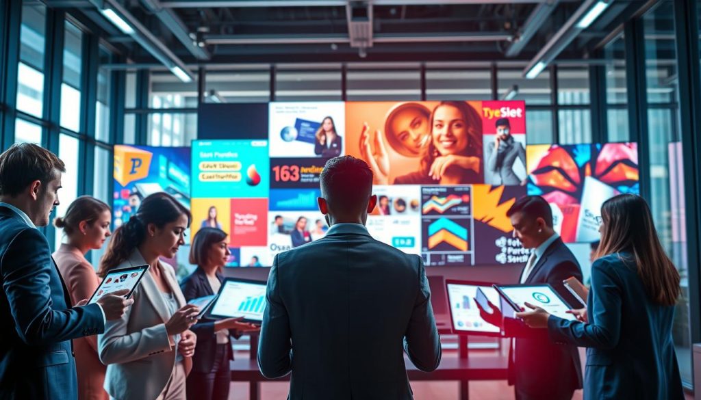 A visually striking digital art representation of paid advertisements boosting promotional campaigns. In the foreground, a diverse group of professionals in business attire analyzes charts and graphs on tablets and laptops, engaging actively in discussion. In the middle, digital screens display vibrant ads with eye-catching designs, showcasing various products and services, illuminated by bright, attention-grabbing colors. The background features a sleek, modern office environment with large windows allowing natural light to flood in, creating an energetic atmosphere. The overall mood is one of collaboration, innovation, and success, highlighting the strategic use of paid advertising in driving targeted traffic to campaigns. The angle is a dynamic slightly elevated view that captures the action and excitement of the promotional efforts.