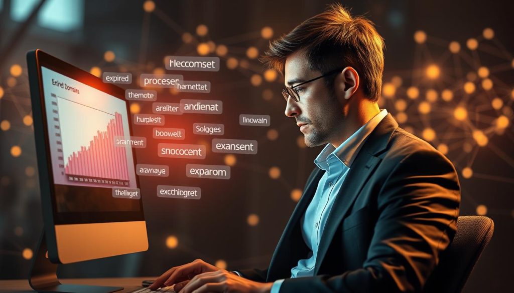 A visually striking digital artwork illustrating the concept of "expired domains and their impact on affiliate marketing." In the foreground, depict a professional businessperson in a sharp suit, analyzing a computer screen displaying a graph of SEO growth. In the middle, showcase various expired domain names floating with a soft glow, symbolizing their potential value. In the background, create an abstract representation of the internet, with interconnected lines and nodes to indicate digital networking. The scene should be illuminated by warm, inviting lighting, reflecting a sense of opportunity and success. The overall mood is optimistic and focused, conveying the importance of SEO in leveraging expired domains for effective affiliate marketing strategies.