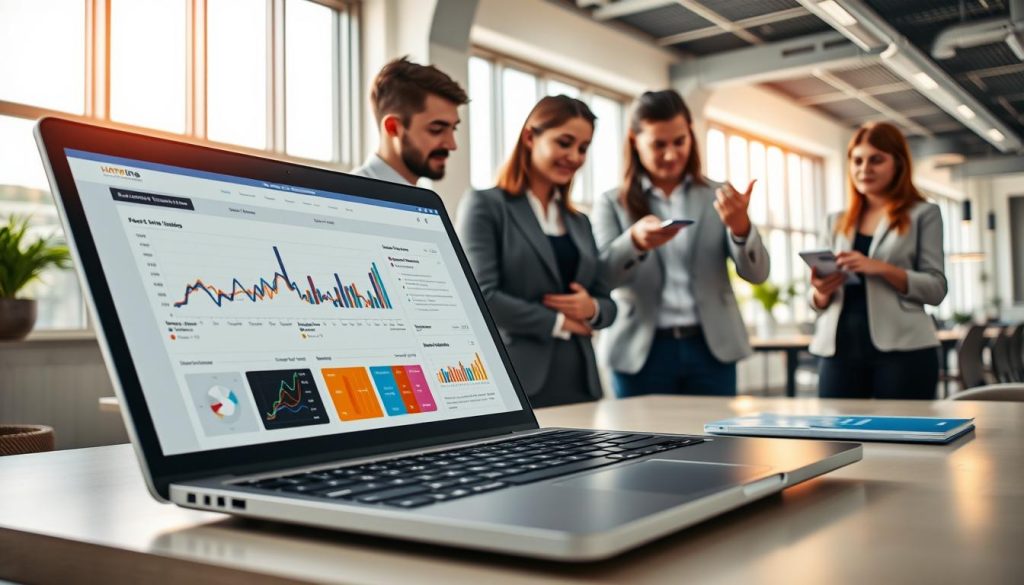 A visually striking image of an engaging, interactive website interface displayed on a modern laptop in a well-lit, professional office environment. The foreground features the laptop, showcasing vibrant graphs and dynamic content elements, with a close-up on a design that incorporates colorful buttons, smooth animations, and user-friendly navigation. In the middle, a diverse group of business professionals in smart casual attire actively discusses the content displayed, pointing and taking notes, reflecting teamwork and collaboration. The background offers a contemporary workspace with large windows letting in warm, natural light, creating an inviting atmosphere. The mood is enthusiastic and productive, conveying the essence of innovative content strategy to attract website visitors.