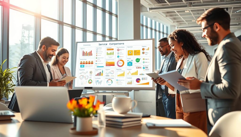 A visually striking scene showcasing the importance of high-quality content for service comparison websites. In the foreground, a group of diverse professionals in business attire analyze data on laptops and tablets, collaborating effectively. In the middle, a large whiteboard filled with colorful diagrams and charts representing different services is prominently displayed. The background features a modern office environment with large windows, sunlight streaming in to create a warm, inviting atmosphere. The composition should emphasize teamwork and innovation, with a focus on the dynamic interaction between the professionals and the information displayed. The lighting should be bright and uplifting, enhancing the productivity mood of the scene. Use a wide-angle lens to capture the full breadth of the office space while maintaining a sense of intimacy in the group’s interaction. A visually striking scene showcasing the importance of high-quality content for service comparison websites. In the foreground, a group of diverse professionals in business attire analyze data on laptops and tablets, collaborating effectively. In the middle, a large whiteboard filled with colorful diagrams and charts representing different services is prominently displayed. The background features a modern office environment with large windows, sunlight streaming in to create a warm, inviting atmosphere. The composition should emphasize teamwork and innovation, with a focus on the dynamic interaction between the professionals and the information displayed. The lighting should be bright and uplifting, enhancing the productivity mood of the scene. Use a wide-angle lens to capture the full breadth of the office space while maintaining a sense of intimacy in the group’s interaction.