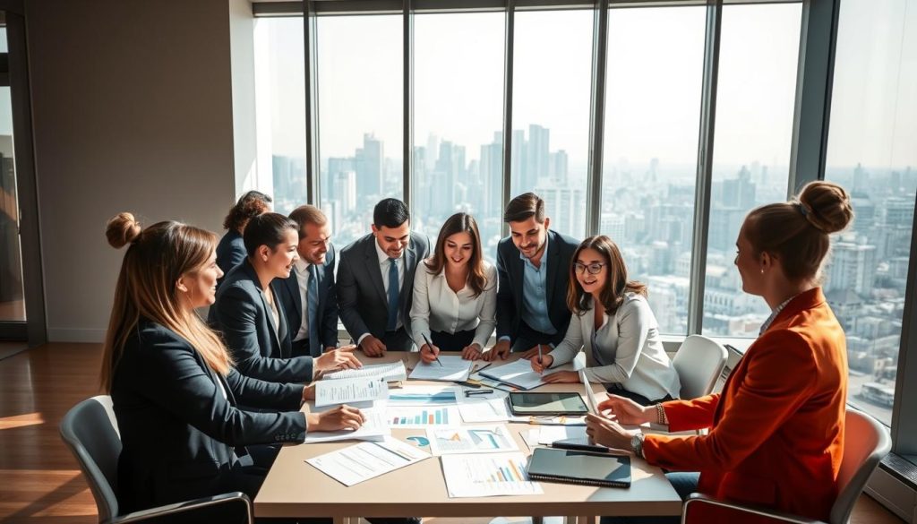 An engaging and informative scene illustrating the concept of "Choosing the Right Partners." In the foreground, a diverse group of business professionals in smart attire, engaged in a lively discussion over a table filled with documents and digital devices, signifying collaboration. In the middle ground, visual cues like charts, graphs, and partnership agreements depict strategic planning. The background features a large window showing a city skyline, representing connection to the broader market. Soft, natural lighting streams in, creating a warm and inviting atmosphere. The overall mood is one of professionalism, synergy, and determination, capturing the essence of effective partnership selection.