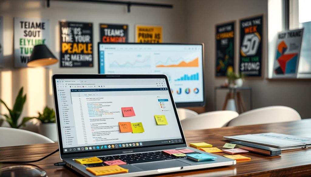 A detailed workspace scene depicting the concept of SEO performance improvement in React. In the foreground, a modern laptop displays a clean code editor open with React components and SEO analytics, surrounded by colorful sticky notes with various SEO keywords. In the middle ground, a sleek monitor showcases graphs and charts related to web traffic and performance metrics. The background features a well-lit office, showcasing inspirational posters about web development and teamwork. Soft, natural lighting filters through a window, creating a warm and inviting atmosphere. The composition emphasizes professionalism and innovation, reflecting the focus on analytical tools necessary for effective SEO analysis.