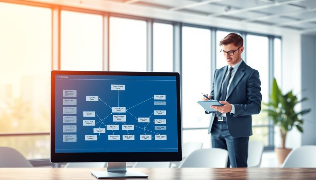 A digital illustration capturing the concept of a website's sitemap optimization for search engine indexing. In the foreground, a sleek computer screen displays a well-structured sitemap diagram, featuring various interconnected nodes representing web pages. The middle layer shows a professional, focused individual in business attire analyzing the sitemap, with a notepad and pen, emphasizing attention to detail. The background includes a modern office setting with soft, ambient lighting, large windows letting in natural light, and a hint of greenery outside. The mood is one of productivity and innovation, reflecting the importance of effective indexing in improving website visibility. The image should be vibrant and engaging, highlighting the intersection of technology and strategic planning without any text or distractions.