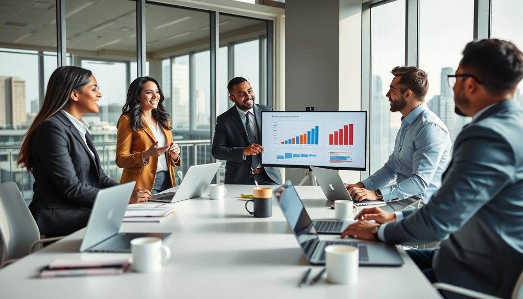 A dynamic business scene showcasing diverse professionals in a modern office environment, engaged in a strategic meeting. In the foreground, a group of three individuals—a woman and two men—are discussing advertising strategies with charts and graphs displayed on a digital screen. They wear smart business attire, conveying a sense of professionalism. In the middle ground, a large conference table is covered with laptops, notepads, and coffee cups, indicating a productive atmosphere. The background features large windows with city skyline views, symbolizing growth and opportunity. The lighting is bright and natural, emphasizing clarity and focus. The overall mood is collaborative and innovative, highlighting the theme of attracting companies for direct advertising partnerships.