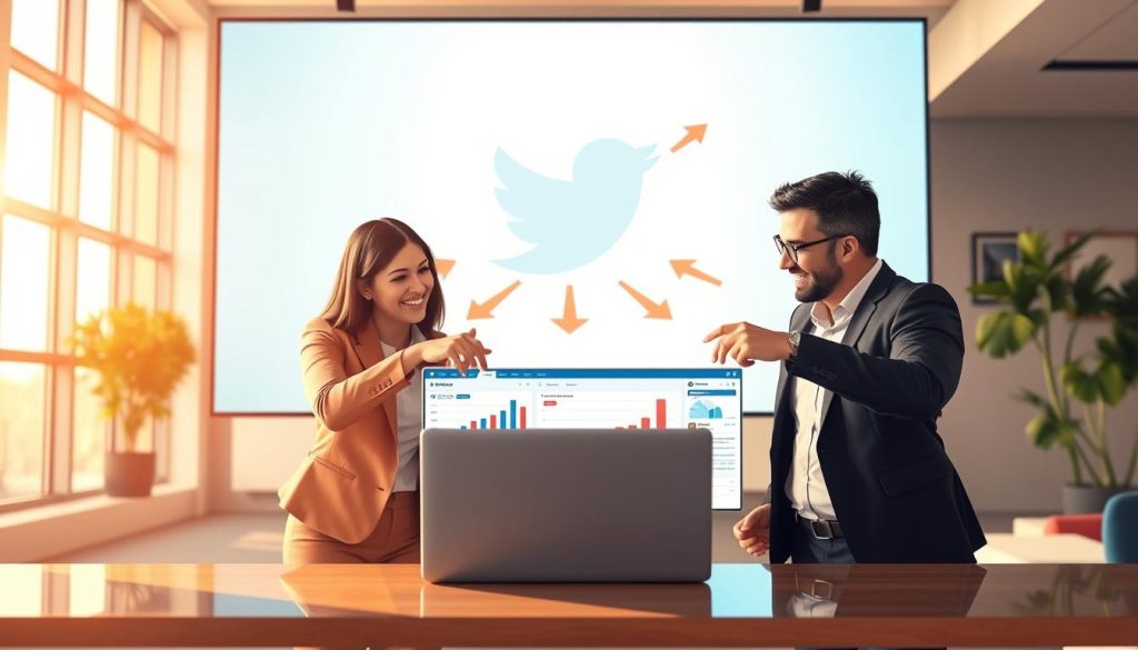 A dynamic digital illustration showcasing the theme of social media engagement. In the foreground, a diverse group of three professionals, dressed in smart business attire, are animatedly discussing strategies, pointing at a laptop displaying social media graphs and analytics. In the middle, a large screen behind them illustrates the Twitter logo intertwined with flowing arrows symbolizing traffic being directed towards a website. The background features a modern office setting with large windows letting in bright, natural light, enhancing the atmosphere of collaboration and innovation. The overall mood is energetic and focused, capturing the essence of utilizing social media strategies to drive visitors. The lighting is warm and inviting, highlighting the professionals' interactions.