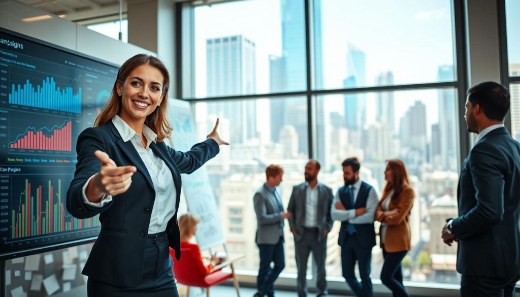 A dynamic office environment showcasing a diverse group of professionals analyzing marketing campaign success. In the foreground, a confident businesswoman in formal attire points at a large digital screen displaying graphs and metrics related to campaign performance. The middle ground features a diverse team of individuals engaged in discussion, with charts and data visualizations on the walls around them. In the background, large windows reveal a bustling cityscape, providing natural light that creates a bright, optimistic atmosphere. The image conveys professionalism and collaboration, with a focus on data-driven decision-making. The overall mood is one of determination and success, framed with a lens that captures both the subject's details and the vibrancy of the workspace.