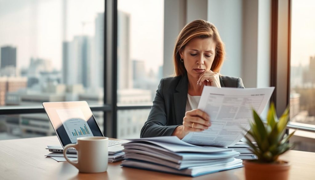 A legal advisor seated at a modern office desk, reviewing a stack of documents related to direct advertising regulations. The advisor, a middle-aged woman in professional business attire, looks thoughtfully at a laptop displaying graphs and charts. A window in the background reveals a city skyline, hinting at a corporate atmosphere. Soft, natural light filters through the glass, creating a warm and focused ambience. In the foreground, a coffee mug and a plant add a touch of life and professionalism. The overall mood reflects diligence and authority, embodying the concept of legal expertise in direct advertising without any distractions. The composition is well-balanced, guided by a shallow depth of field to keep the advisor sharp and the background slightly blurred.