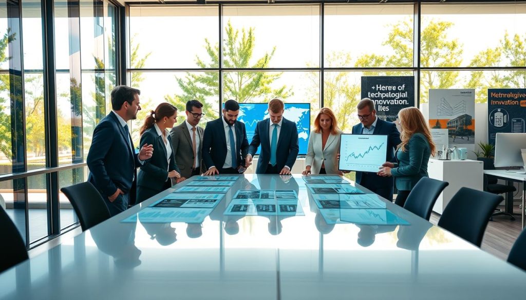 A modern corporate office scene highlighting the success of companies in Northern European markets. In the foreground, a diverse group of business professionals, dressed in professional attire, collaborates around a large conference table, displaying charts and graphs on digital screens. The middle ground shows a sleek, glass-encased office with large windows revealing a bright, sunny day outside, and green tree tops reflecting Northern European architecture. The background features an organized workspace with motivational posters showcasing technological innovation. The lighting is bright and natural, flooding the room with warmth. The mood is optimistic and dynamic, symbolizing growth and collaboration in a high-tech environment, ideal for illustrating successful business strategies in Northern Europe.