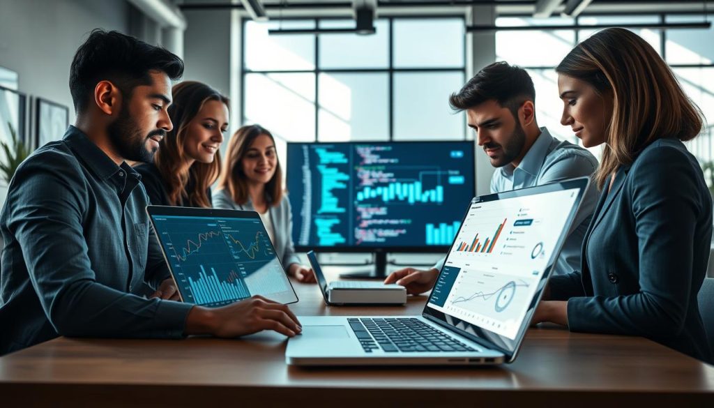 A modern digital workspace showcasing the development of profitable web applications. In the foreground, a diverse team of professionals, dressed in business casual attire, collaborate around a sleek, high-tech laptop displaying various graphs and analytics. The middle ground features a large screen with visual data representations and code snippets, symbolizing data-driven decision making. In the background, a creative, minimalist office environment with soft natural lighting streaming through large windows, casting gentle shadows. The atmosphere is focused and innovative, evoking a sense of teamwork and productivity. The lens captures a wide angle, emphasizing the dynamic interactions and the vibrant energy of tech development. A modern digital workspace showcasing the development of profitable web applications. In the foreground, a diverse team of professionals, dressed in business casual attire, collaborate around a sleek, high-tech laptop displaying various graphs and analytics. The middle ground features a large screen with visual data representations and code snippets, symbolizing data-driven decision making. In the background, a creative, minimalist office environment with soft natural lighting streaming through large windows, casting gentle shadows. The atmosphere is focused and innovative, evoking a sense of teamwork and productivity. The lens captures a wide angle, emphasizing the dynamic interactions and the vibrant energy of tech development.