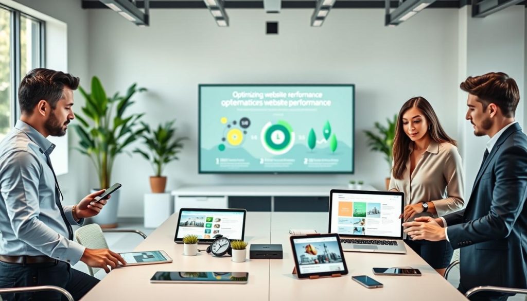 A modern office environment showcasing professionals collaborating on website templates. In the foreground, a diverse group of individuals—two men in business attire and a woman in a smart blouse—discuss ideas over a sleek table filled with digital devices displaying website designs. In the middle ground, a large screen highlights an infographic about optimizing website performance, with elements representing speed, efficiency, and environmental impact. The background features a minimalist workspace with greenery for a fresh atmosphere, large windows allowing natural light to flood the space. The overall mood is focused and innovative, emphasizing the intersection of digital development and environmental responsibility, captured with soft lighting to create a welcoming and productive ambiance.