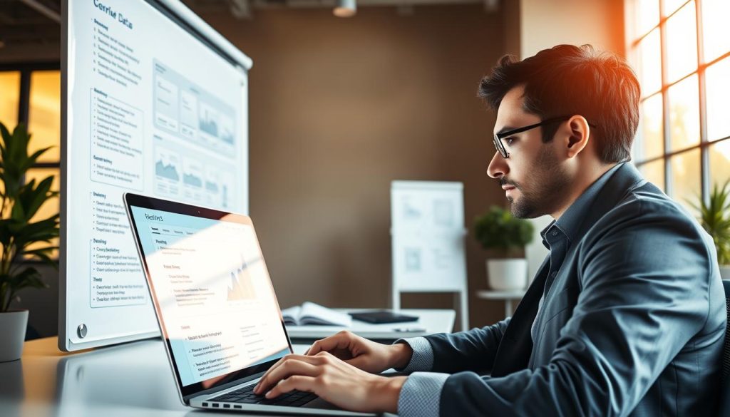 A modern office environment with a focus on SEO optimization using structured data. In the foreground, a professional business person, dressed in smart attire, is intently analyzing data on a laptop screen displaying structured data snippets and SEO metrics. The middle layer showcases a sleek whiteboard filled with diagrams and flowcharts related to data structuring and SEO strategies. In the background, large windows let in warm, natural light, illuminating the workspace and creating a vibrant atmosphere. The overall mood is one of focus, productivity, and innovation, capturing the essence of using structured data for SEO in a tech-savvy setting. The perspective is slightly angled, adding depth and interest to the scene.