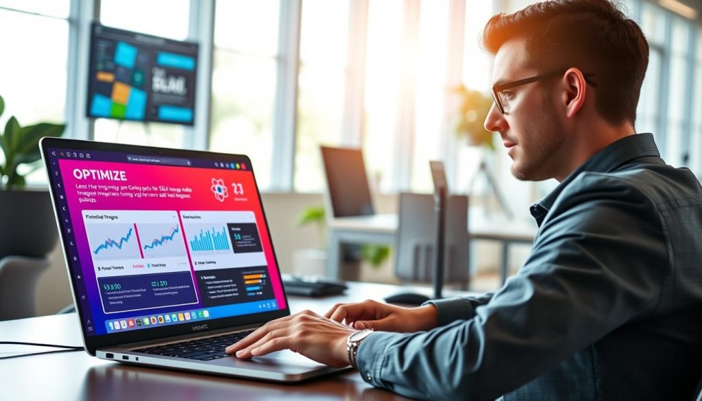 A modern office setting featuring a professional web developer working on a laptop with a vibrant interface displaying a React application. In the foreground, the developer, dressed in casual business attire, is focusing on optimizing images and media elements for SEO. The middle ground includes elements like digital charts showing improvements in website performance and search engine rankings, alongside visual representations of image optimization tools and techniques. The background showcases a large window with natural light illuminating the workspace, creating a bright and inspiring atmosphere. The scene conveys a sense of innovation and professionalism, emphasizing the importance of effective media handling in web development for better search engine visibility.