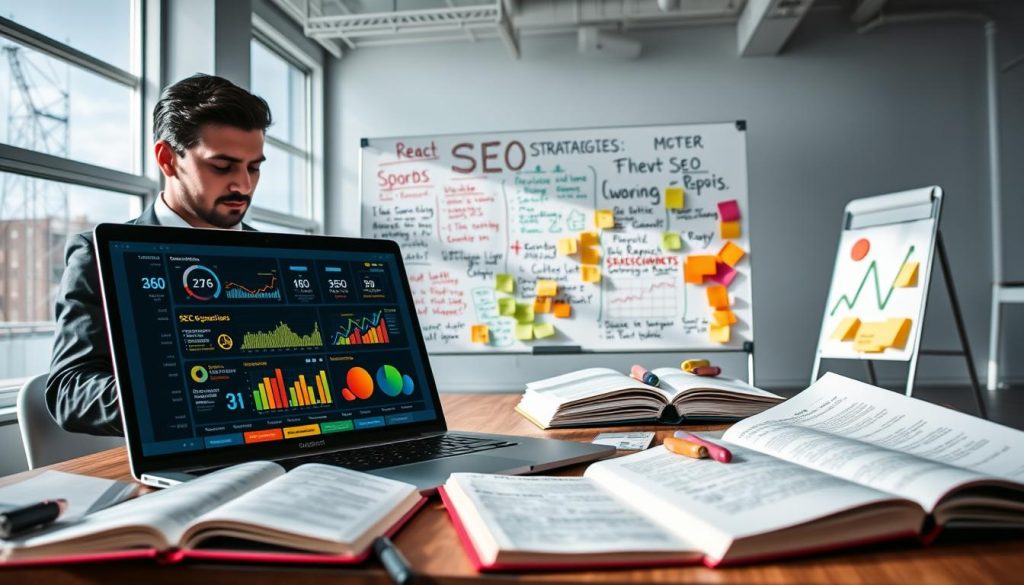 A modern office workspace focused on SEO techniques for React websites. In the foreground, a sleek laptop displaying a colorful, detailed dashboard of SEO metrics and analytics. A professional in smart casual attire is attentively analyzing the screen, surrounded by open notebooks filled with scribbled ideas and graphs. In the middle ground, a whiteboard filled with key SEO strategies, including keywords, link building, and site optimization tips, is visible, with colorful markers and sticky notes adding vibrancy. The background features large windows allowing natural light to flood the room, creating a bright and motivating atmosphere. The overall mood is energetic and proactive, emphasizing innovation and teamwork in tech development.