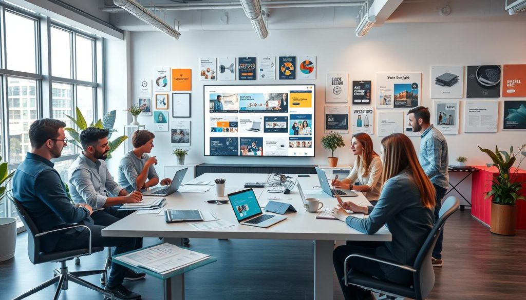 A modern web design studio with a vibrant and dynamic atmosphere. In the foreground, a diverse group of professionals in business casual attire are collaborating around a sleek table covered with laptops, wireframes, and design mockups. The middle ground features a large digital screen displaying modern website templates, showcasing attractive layouts for different industries. The background is filled with creative decor, such as wall art featuring web design inspirations and mood boards. Soft, natural light streams in through large windows, creating an inviting and productive environment. The color palette is bright and energetic, conveying innovation. The camera angle is slightly elevated, offering a comprehensive view of the team's engagement in brainstorming and design strategy, emphasizing the theme of business expansion.
