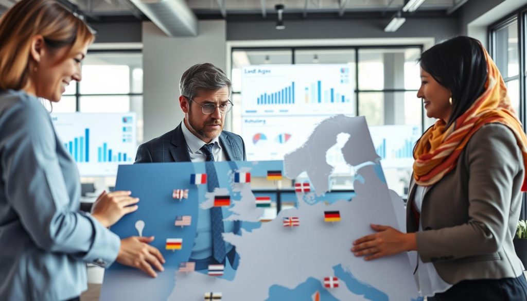 A professional setting showcasing a diverse group of individuals engaged in a collaborative discussion about language selection for marketing in a North European context. In the foreground, a diverse team, including a Middle-Eastern woman, a Scandinavian man, and a South Asian woman, each dressed in professional business attire, is analyzing a large map of Northern Europe with various language icons (such as flags) pinned on it. The middle layer features charts and graphs displayed on digital screens, depicting market insights and trends. In the background, a modern office with large windows allows natural light to illuminate the scene, creating an inviting and energetic atmosphere. The mood is focused and collaborative, ideal for driving important marketing decisions.