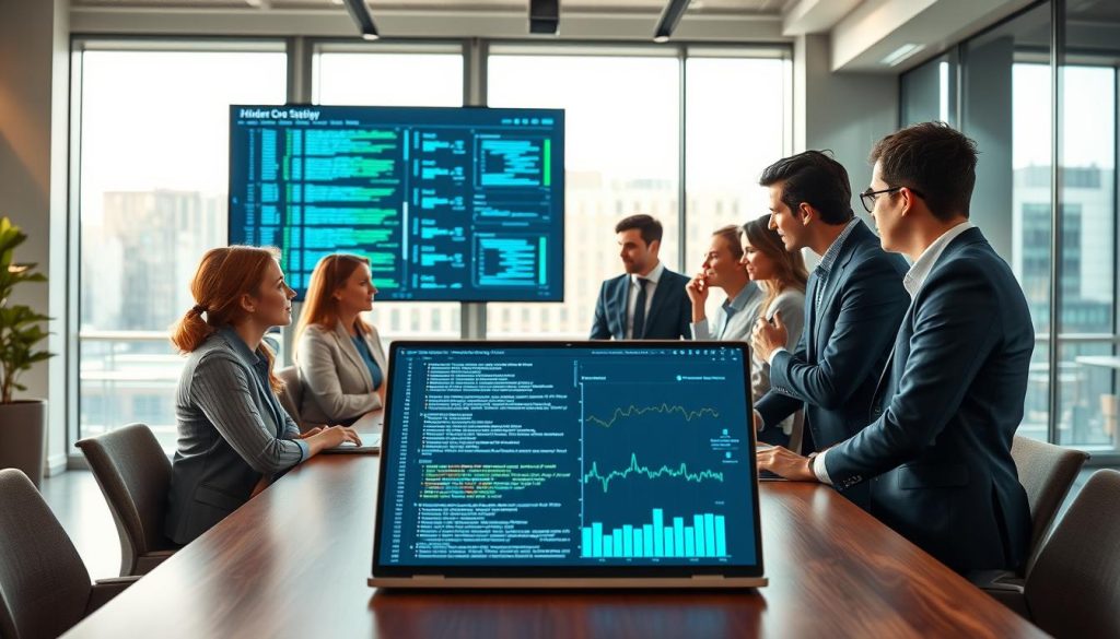 A professional workspace depicting the development of a hidden code strategy. In the foreground, a diverse group of business professionals in smart casual attire are gathered around a modern conference table, analyzing digital data displayed on a large screen. The middle ground features an open laptop showcasing code snippets and graphs. The background shows a high-tech office environment with large windows, allowing natural light to illuminate the scene, creating an optimistic and focused atmosphere. Soft shadows enhance the depth, while a slight lens flaring adds a dynamic quality. The overall mood is collaborative and innovative, reflecting the theme of continuous strategy development in digital marketing.