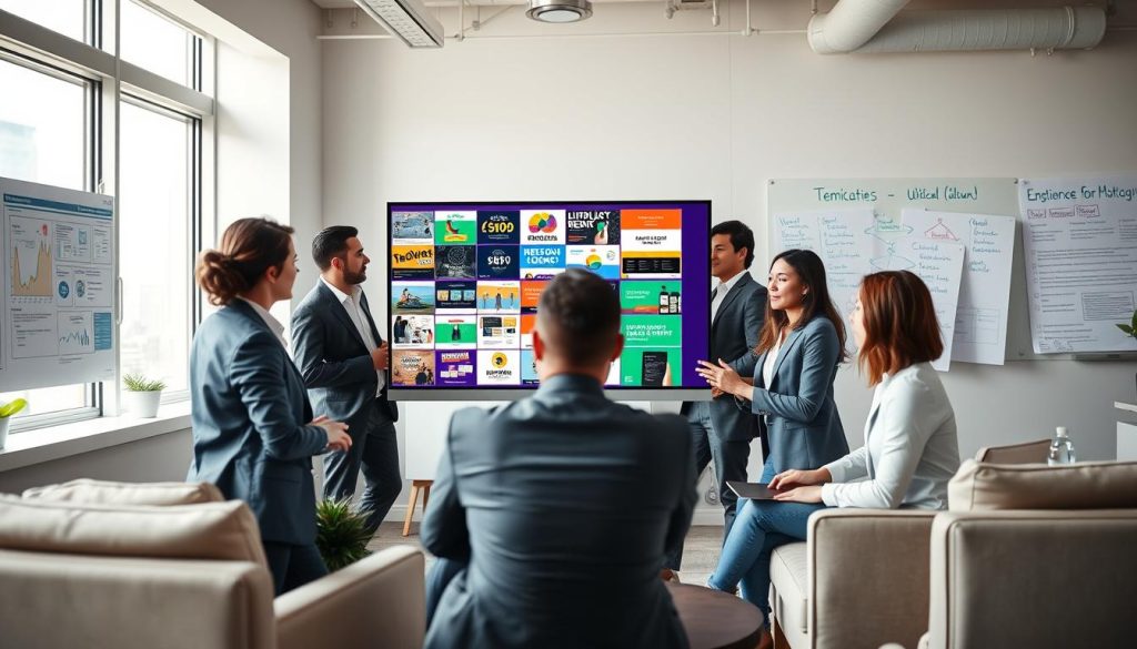 A vibrant and modern digital marketing scene focused on website templates. In the foreground, a diverse group of professionals in smart business attire collaborates around a large monitor displaying a colorful array of website template designs. The middle ground features an office environment with sleek furniture, digital marketing charts on the walls, and a whiteboard filled with strategies and ideas. The background includes a bright window with city views, casting soft natural light into the space to create a professional yet inviting atmosphere. The composition conveys energy, innovation, and teamwork, emphasizing the strategies of online marketing for website templates. The angle captures a dynamic perspective, highlighting interaction and creativity among the team.