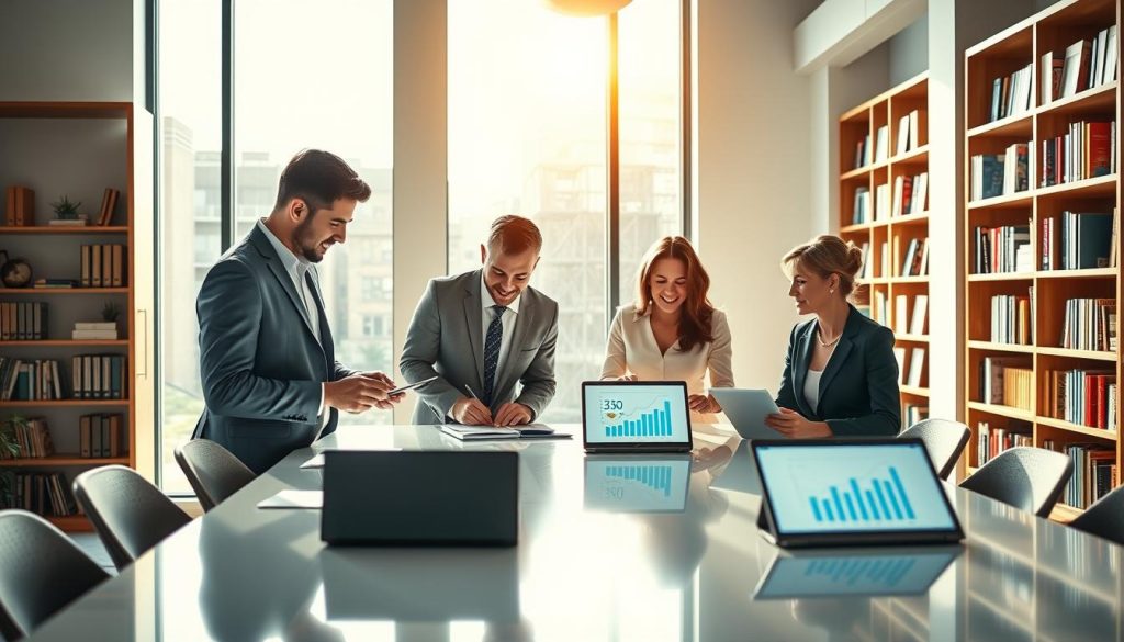 A vibrant, modern office environment illustrating a digital publishing company. In the foreground, a diverse group of three professionals—two men in smart business suits and one woman in a sleek business dress—collaborate around a stylish conference table, engaging over digital devices like tablets and laptops. In the middle ground, large windows allow natural light to flood in, casting soft shadows and highlighting creative charts and graphs on screens. The background features shelves lined with digital media awards and books, showcasing the company’s achievements. The atmosphere is energetic and collaborative, emphasizing innovation and partnership in the digital space. The lighting is bright and inviting, creating a sense of motivation and success in the realm of local business collaborations.