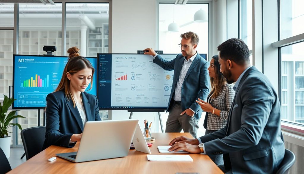 A vibrant modern workspace featuring a professional team of diverse individuals collaborating over the maintenance of web applications. In the foreground, a woman in smart business attire reviews code on her laptop while a man in casual business clothing points to a digital dashboard on a large screen, highlighting key metrics for application sustainability. The middle of the scene shows a whiteboard filled with diagrams and strategies for application upkeep. In the background, large windows let in natural light, creating a warm atmosphere. The lighting is bright yet soft, enhancing focus and creativity. The overall mood feels dynamic and productive, capturing the essence of teamwork in ensuring web application longevity. A vibrant modern workspace featuring a professional team of diverse individuals collaborating over the maintenance of web applications. In the foreground, a woman in smart business attire reviews code on her laptop while a man in casual business clothing points to a digital dashboard on a large screen, highlighting key metrics for application sustainability. The middle of the scene shows a whiteboard filled with diagrams and strategies for application upkeep. In the background, large windows let in natural light, creating a warm atmosphere. The lighting is bright yet soft, enhancing focus and creativity. The overall mood feels dynamic and productive, capturing the essence of teamwork in ensuring web application longevity.
