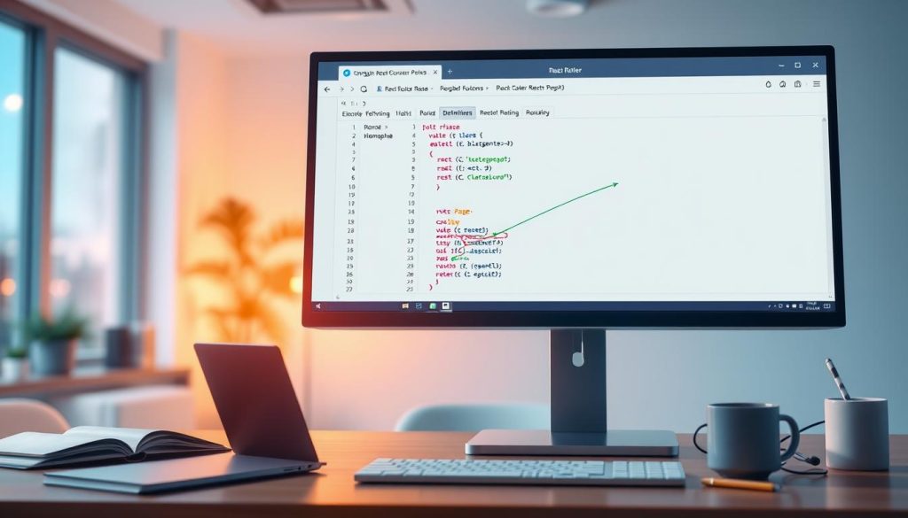 A visually engaging, detailed illustration of a fictional desktop environment showcasing the configuration screen for React Router v6. In the foreground, a sleek computer monitor displays a clean, user-friendly interface filled with vibrant code snippets demonstrating route definitions and nested routes. The middle layer features an abstract representation of different components like a homepage, blog page, and a 404 error page, artistically interconnected by colorful arrows symbolizing routing paths. The background is softly blurred, depicting a modern room with ambient lighting that creates a warm, inviting atmosphere. Incorporate elements such as a laptop, programming books, and a coffee cup to evoke a coding workspace. The overall mood should convey innovation and clarity, perfect for illustrating multi-page routing in React applications.